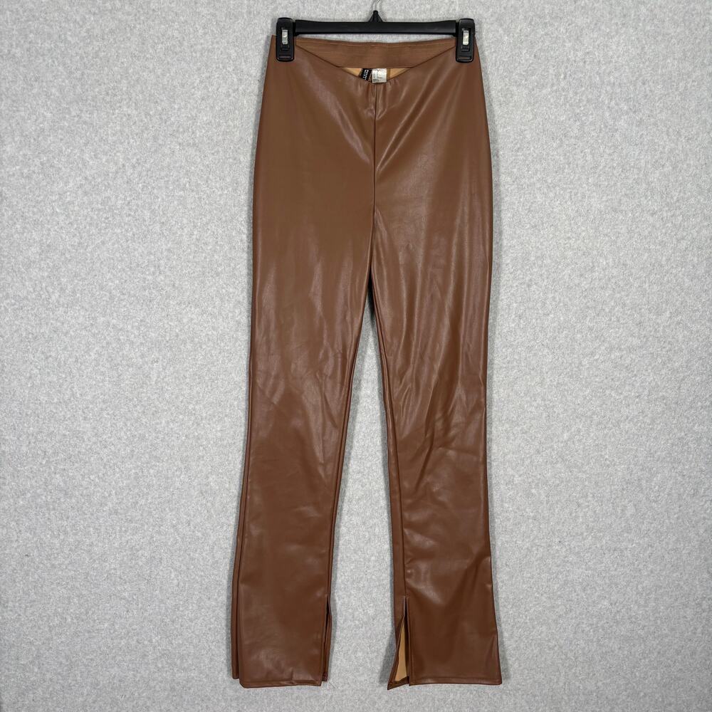 Divided H&M Faux Leather Pants 4 Flare Slit Elastic Waist Cognac Vegan Boho